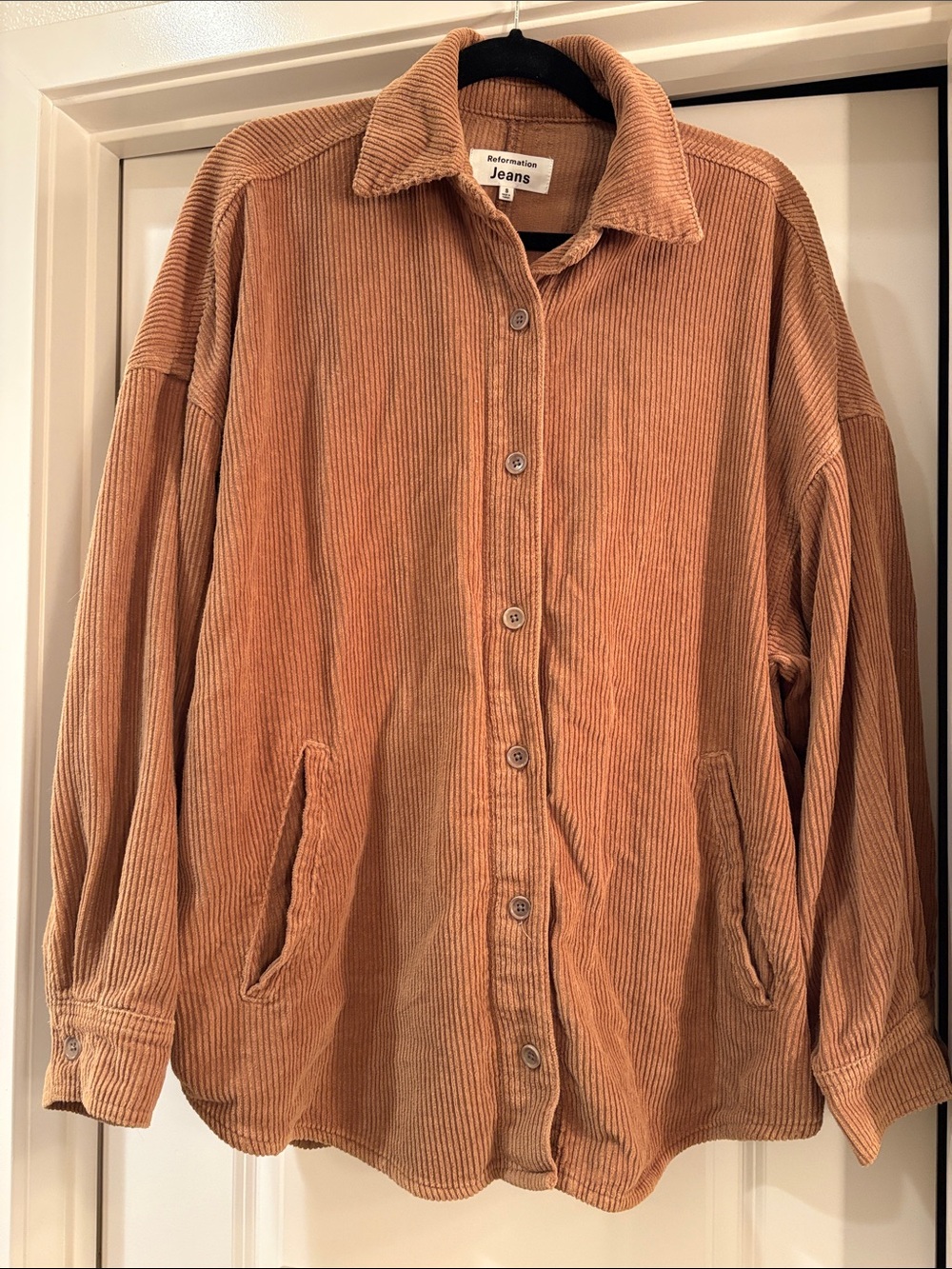 Reformation Corduroy Button-Up Shacket in Camel